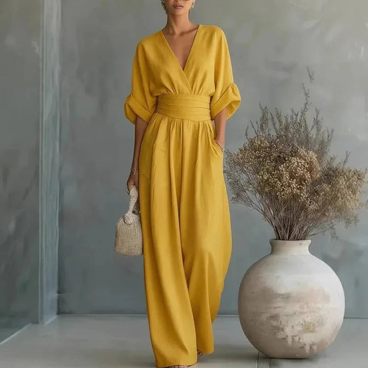 Helena | V-hals chiffon jumpsuit med brede ben