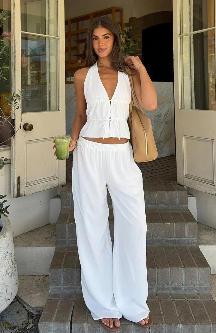 Izzy | Sæt med halterneck crop top og vide ben