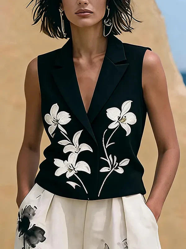 Jasmine | Sæt med brede ben og blomsterbroderet vest