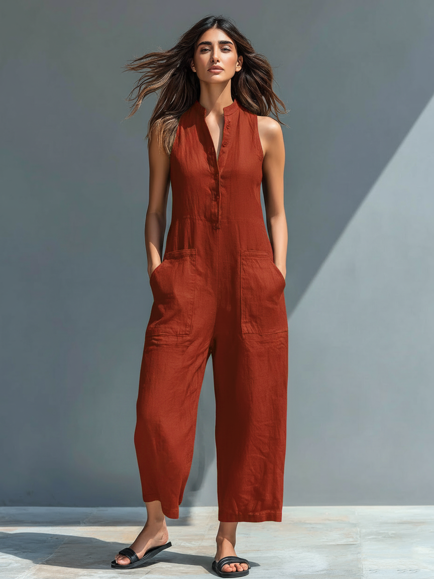 Minimalistisk damejumpsuit i hørblanding med knaplukning og stand-up-krave, ærmeløs og løs MDZ2725A5Y