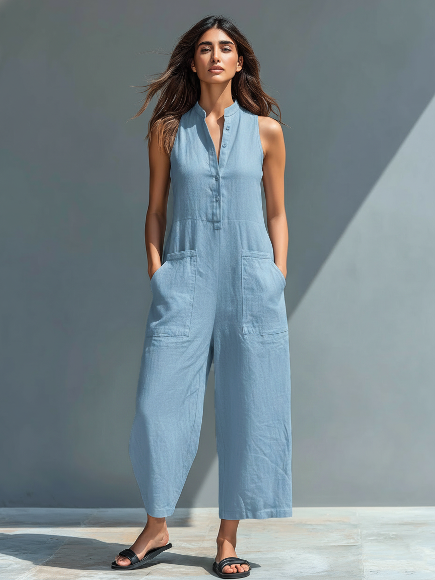 Minimalistisk damejumpsuit i hørblanding med knaplukning og stand-up-krave, ærmeløs og løs MDZ2725A5Y