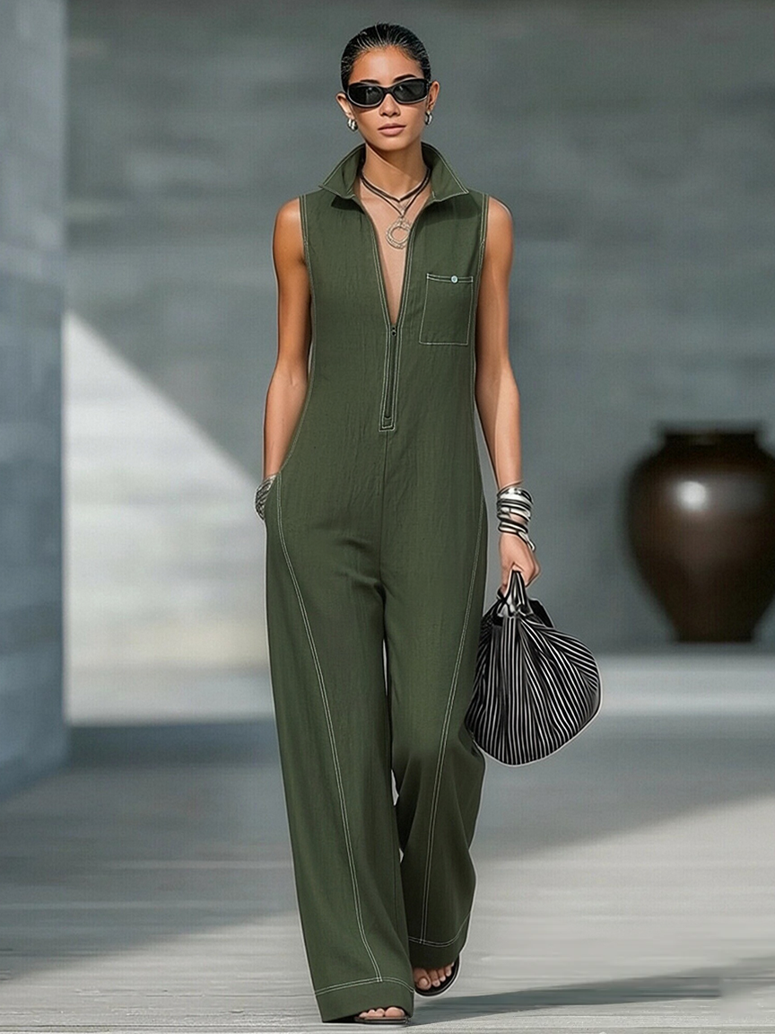 Minimalistisk løstsiddende jumpsuit med hvid kant og ærmer til kvinder MDA3086L9Y