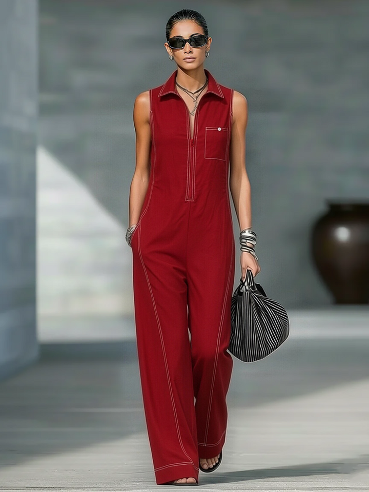 Minimalistisk løstsiddende jumpsuit med hvid kant og ærmer til kvinder MDA3086L9Y