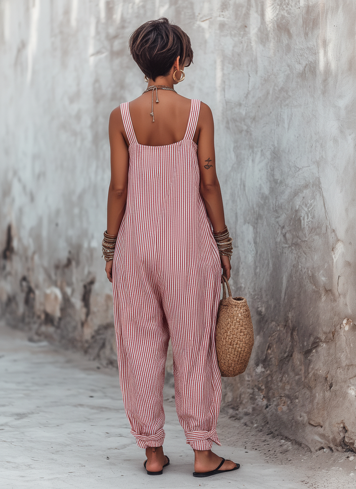 Minimalistisk stribet løs pasform med firkantet hals og ærmeløs jumpsuit til kvinder MDZ1052D7Y