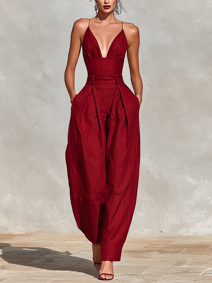 Rød hørjumpsuit med spaghettistropper og højtaljede plisserede bukser til kvinder, tidløs romantisk-elegant jumpsuit MDZ1915C8I