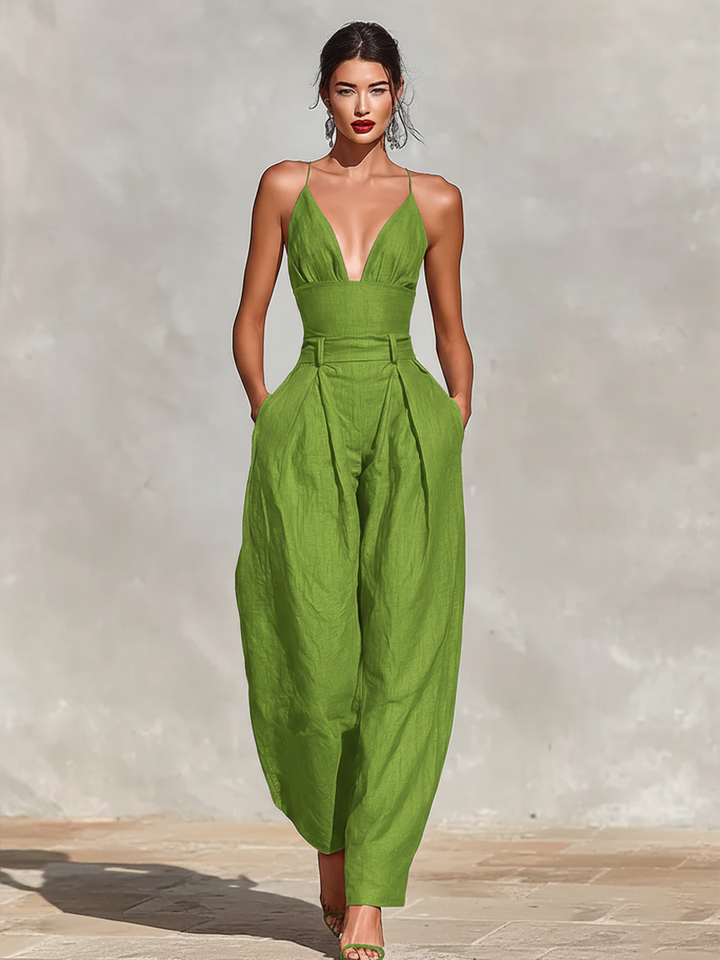 Rød hørjumpsuit med spaghettistropper og højtaljede plisserede bukser til kvinder, tidløs romantisk-elegant jumpsuit MDZ1915C8I