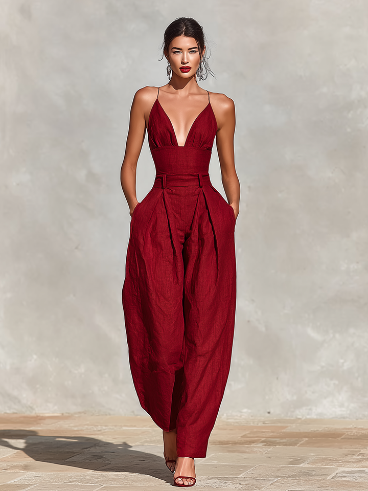 Rød hørjumpsuit med spaghettistropper og højtaljede plisserede bukser til kvinder, tidløs romantisk-elegant jumpsuit MDZ1915C8I