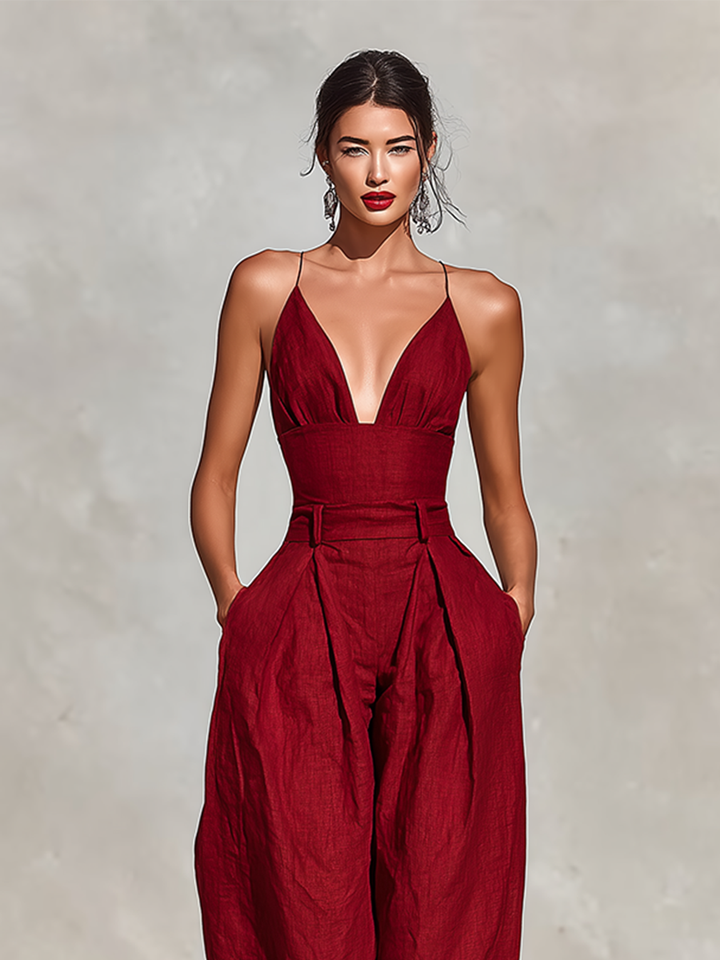 Rød hørjumpsuit med spaghettistropper og højtaljede plisserede bukser til kvinder, tidløs romantisk-elegant jumpsuit MDZ1915C8I
