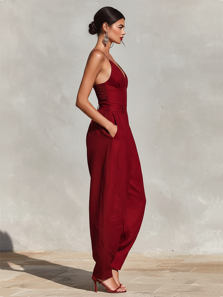 Rød hørjumpsuit med spaghettistropper og højtaljede plisserede bukser til kvinder, tidløs romantisk-elegant jumpsuit MDZ1915C8I