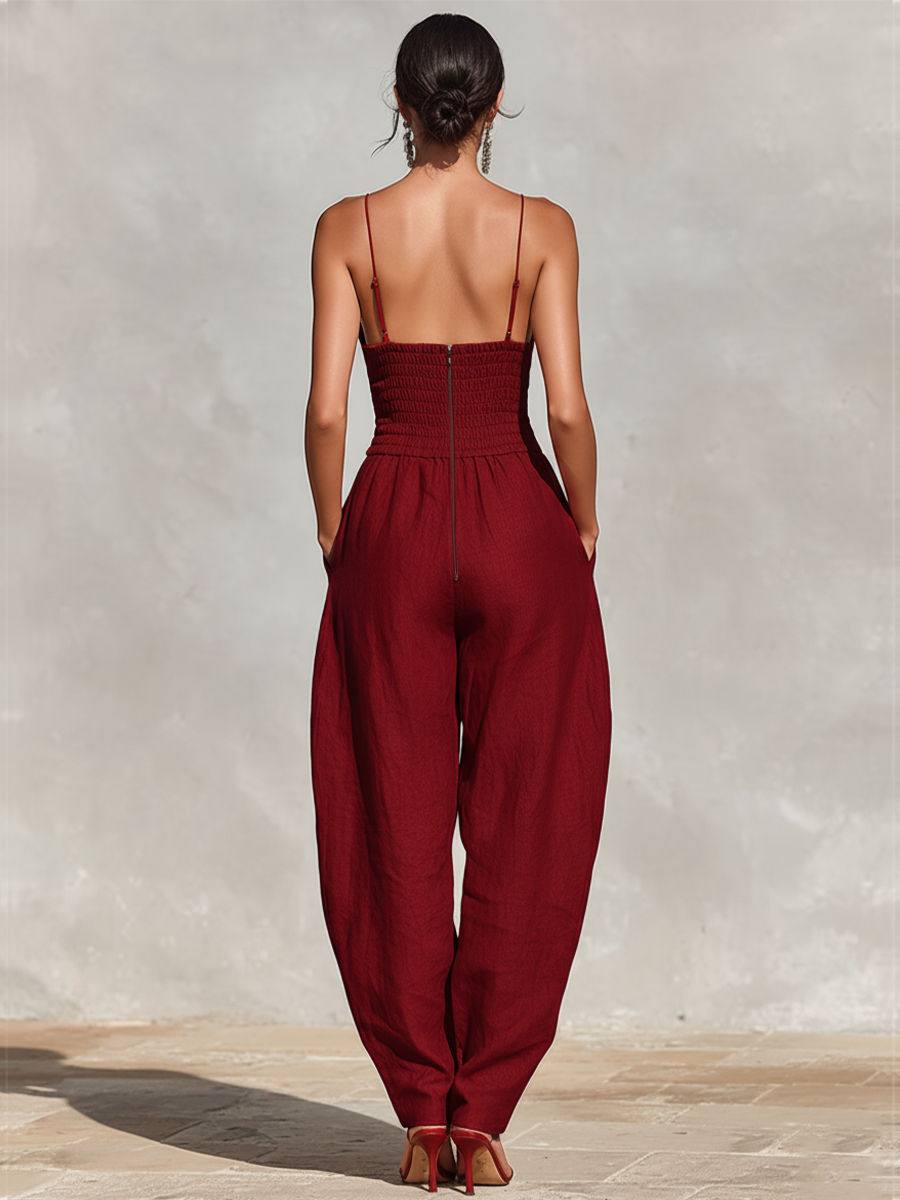 Rød hørjumpsuit med spaghettistropper og højtaljede plisserede bukser til kvinder, tidløs romantisk-elegant jumpsuit MDZ1915C8I
