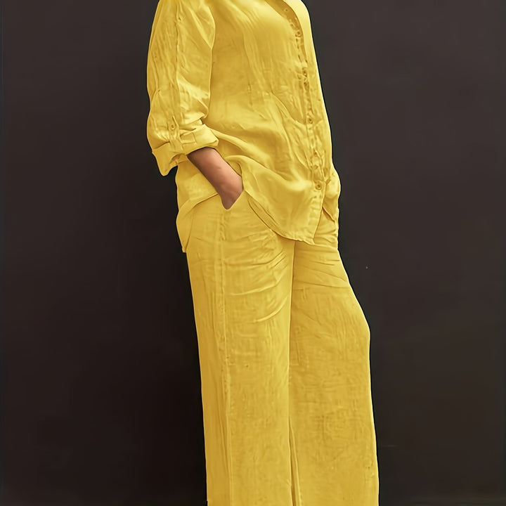 Sæt med afslappet kravecardigan og vide bukser, elegant og alsidig slim fit, ensfarvet, chic skjortetop med blødt stof til komfortabel strandferie, daglig/kontorpendling, løs talje, bukser i to dele.