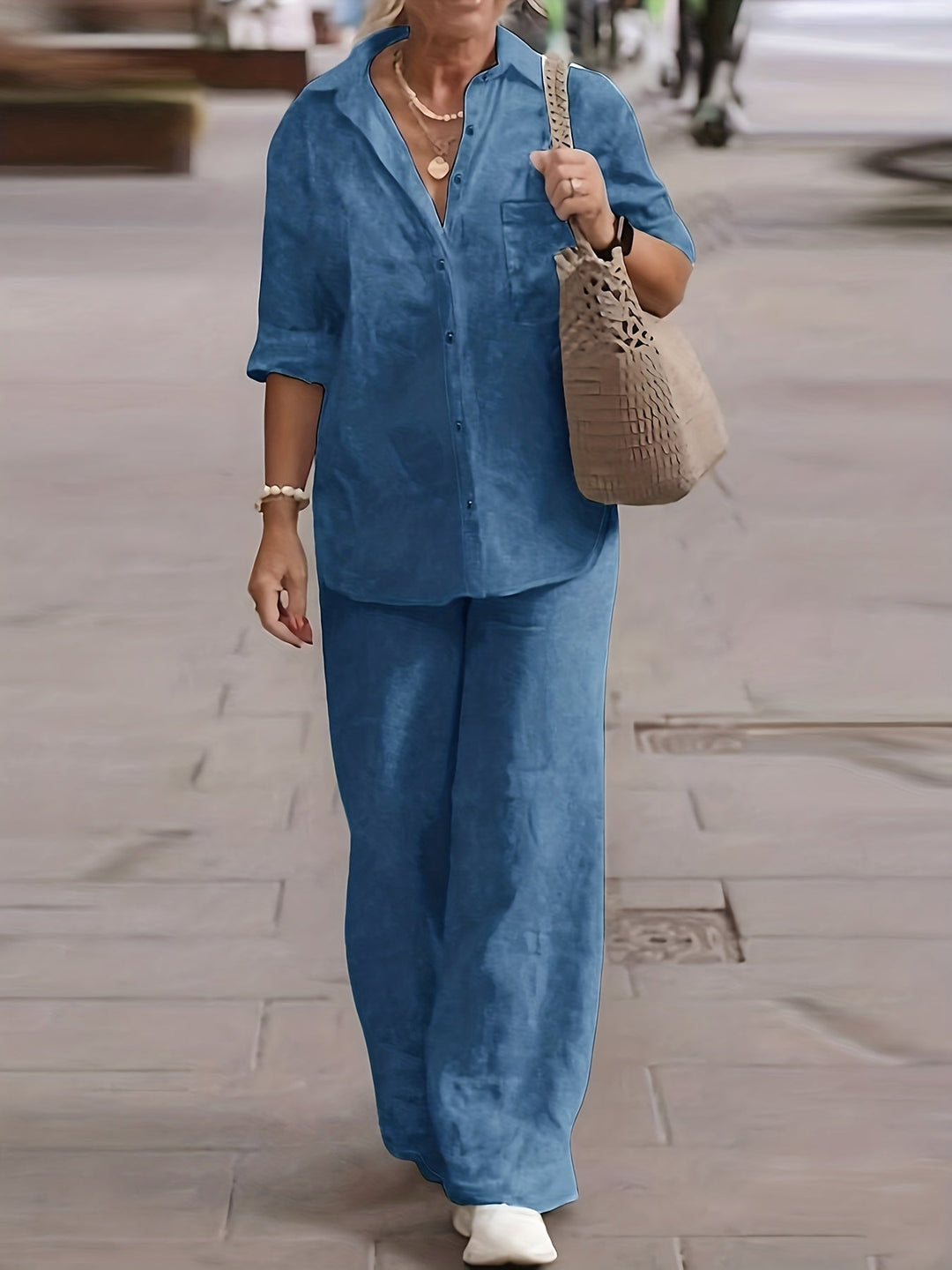 Sæt med afslappet kravecardigan og vide bukser, elegant og alsidig slim fit, ensfarvet, chic skjortetop med blødt stof til komfortabel strandferie, daglig/kontorpendling, løs talje, bukser i to dele.