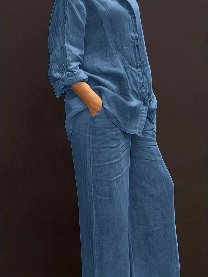 Sæt med afslappet kravecardigan og vide bukser, elegant og alsidig slim fit, ensfarvet, chic skjortetop med blødt stof til komfortabel strandferie, daglig/kontorpendling, løs talje, bukser i to dele.