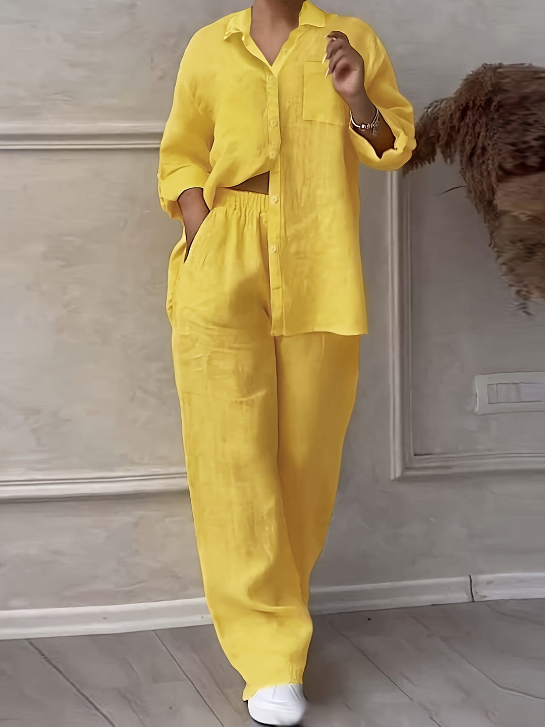 Sæt med afslappet kravecardigan og vide bukser, elegant og alsidig slim fit, ensfarvet, chic skjortetop med blødt stof til komfortabel strandferie, daglig/kontorpendling, løs talje, bukser i to dele.