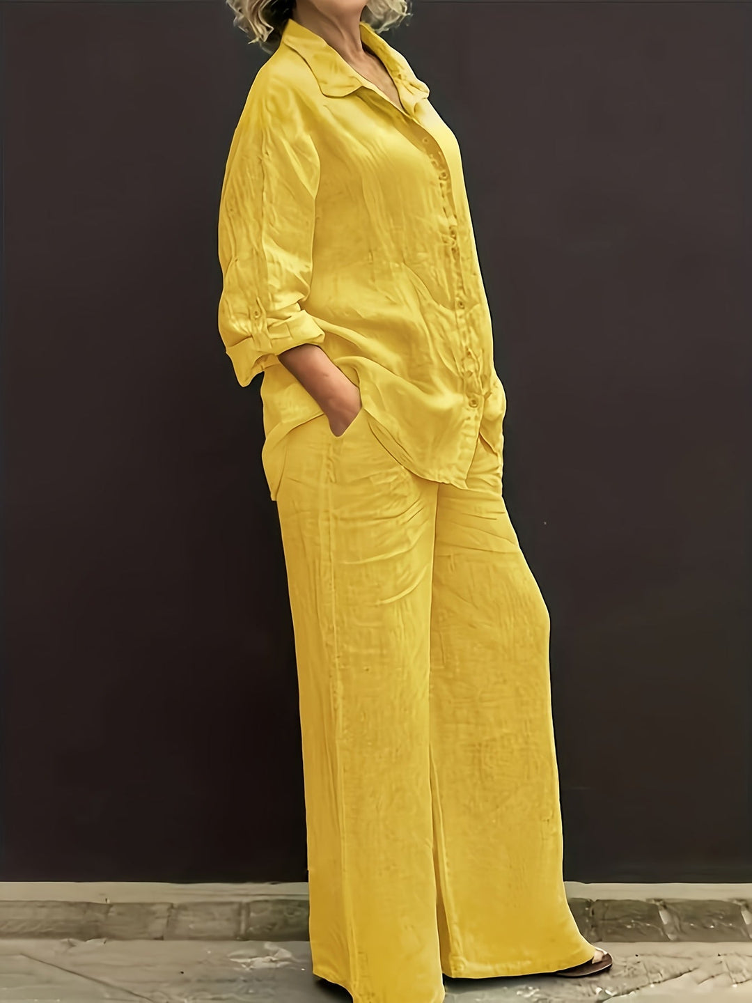 Sæt med afslappet kravecardigan og vide bukser, elegant og alsidig slim fit, ensfarvet, chic skjortetop med blødt stof til komfortabel strandferie, daglig/kontorpendling, løs talje, bukser i to dele.