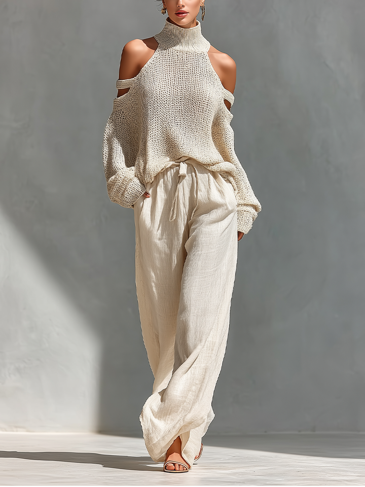 Sæt med beige strikket top med cold-shoulder rullekrave og vide bukser til damer MDZ0984A5T