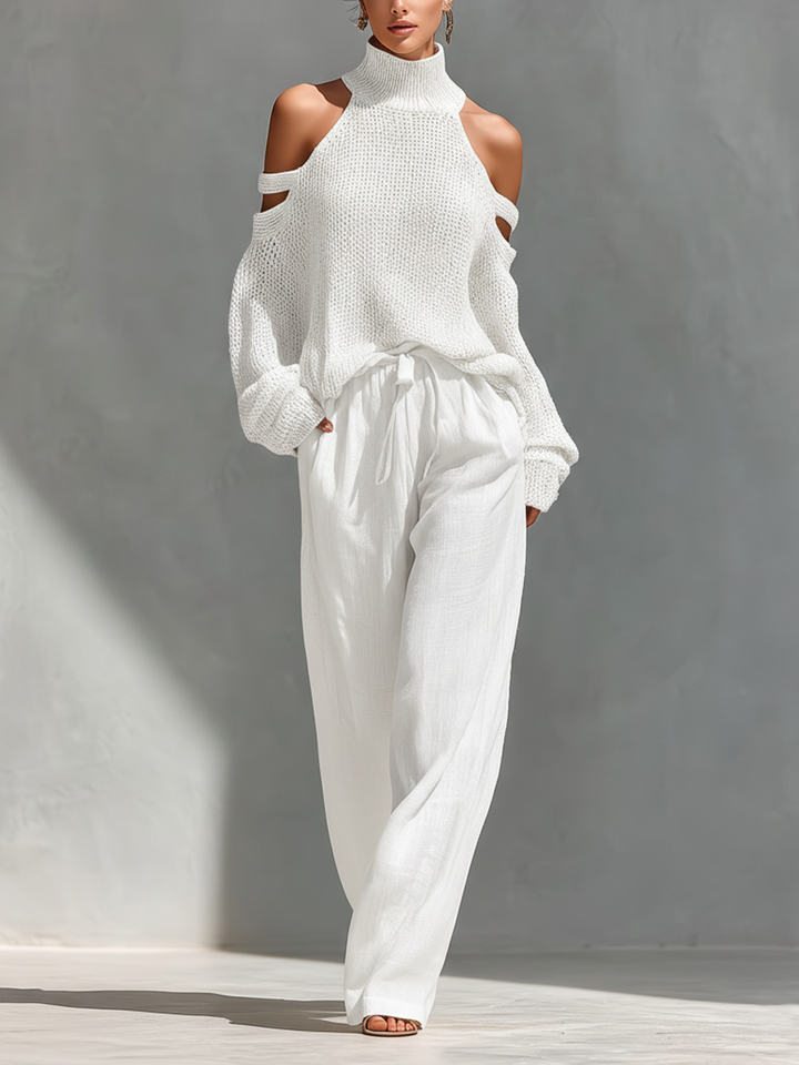 Sæt med beige strikket top med cold-shoulder rullekrave og vide bukser til damer MDZ0984A5T
