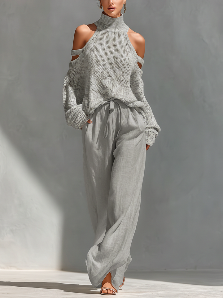 Sæt med beige strikket top med cold-shoulder rullekrave og vide bukser til damer MDZ0984A5T