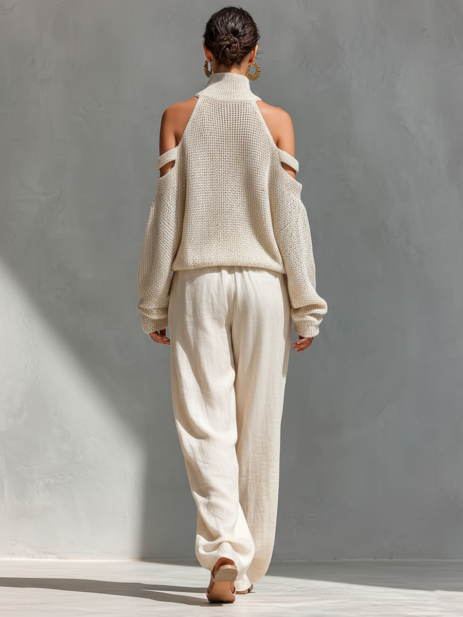 Sæt med beige strikket top med cold-shoulder rullekrave og vide bukser til damer MDZ0984A5T
