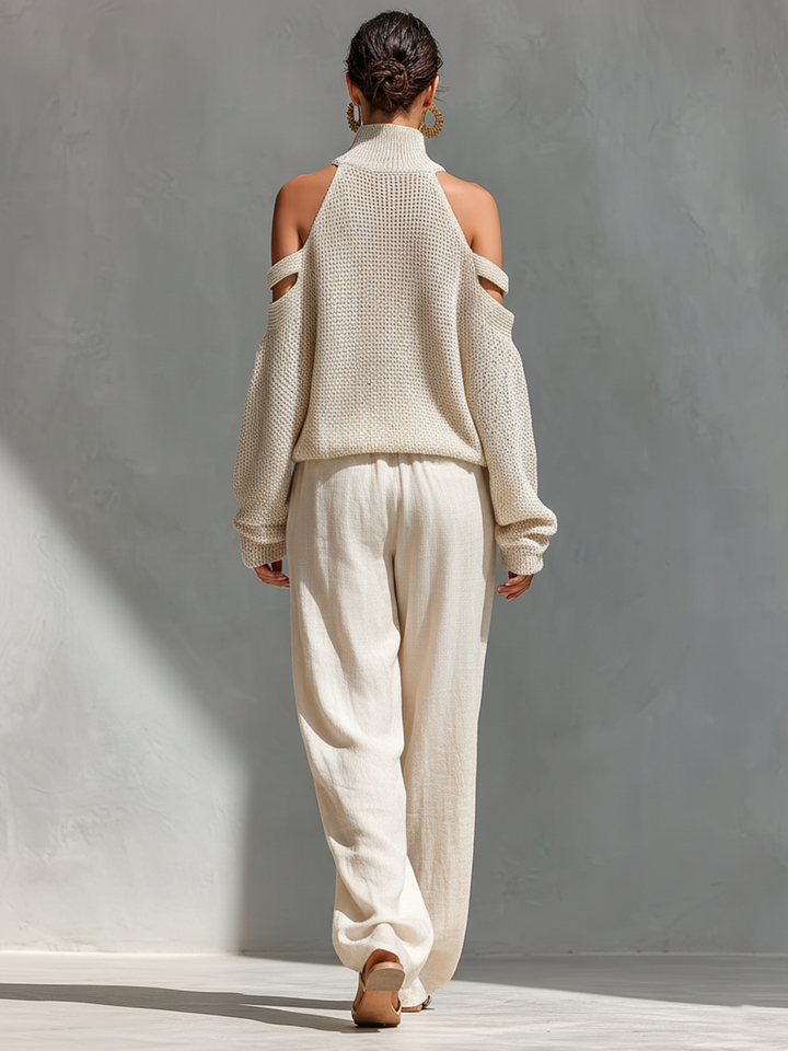 Sæt med beige strikket top med cold-shoulder rullekrave og vide bukser til damer MDZ0984A5T