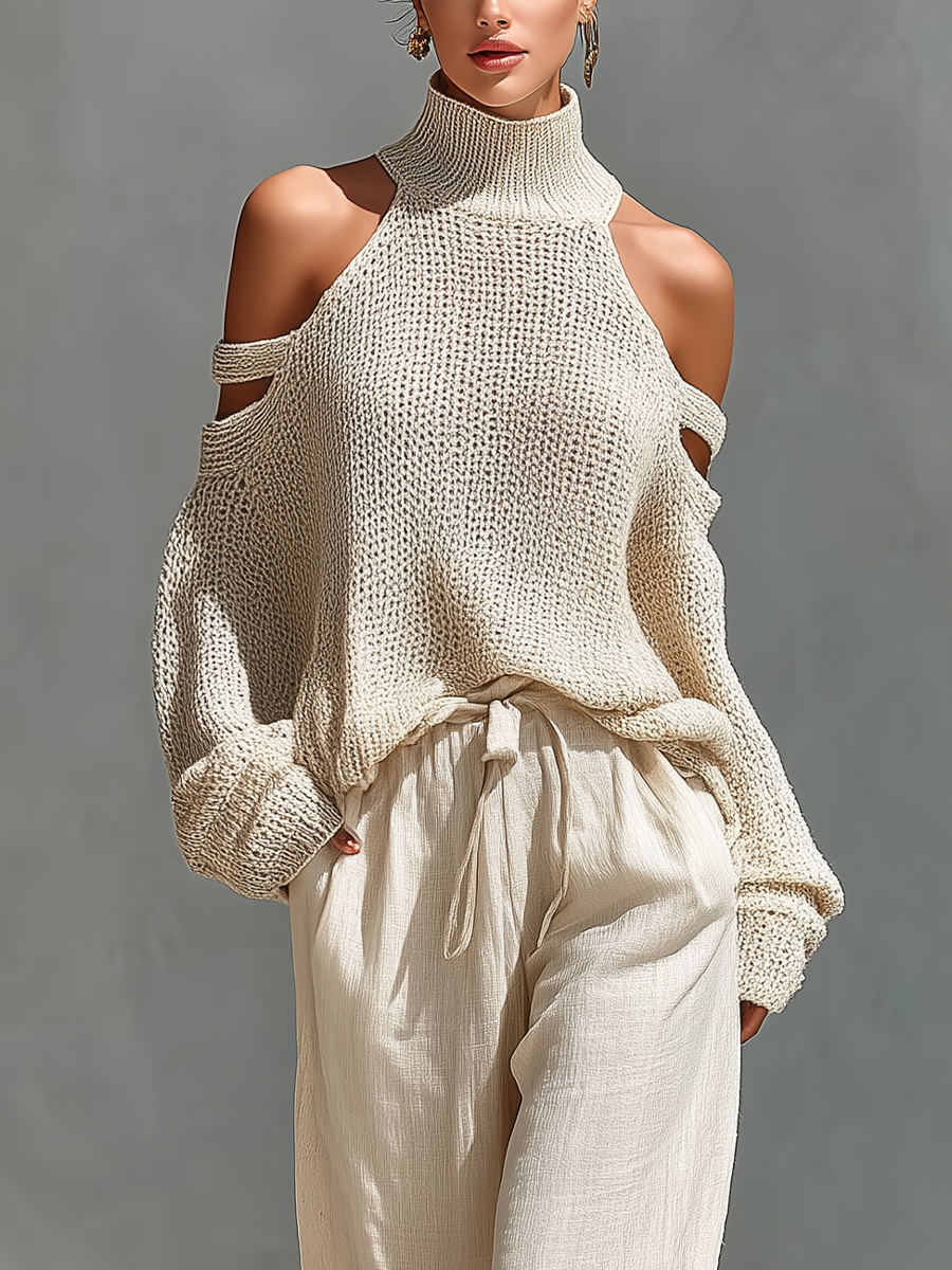 Sæt med beige strikket top med cold-shoulder rullekrave og vide bukser til damer MDZ0984A5T