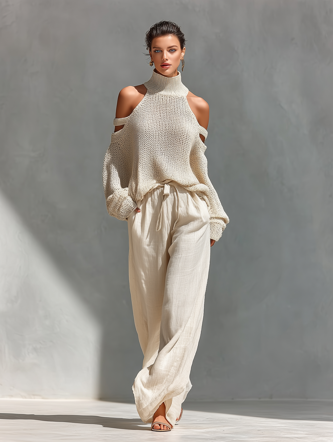 Sæt med beige strikket top med cold-shoulder rullekrave og vide bukser til damer MDZ0984A5T