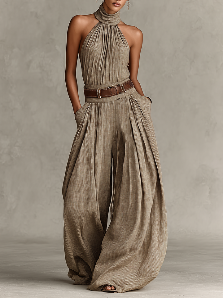 Taupe jumpsuit i bomuldsblanding med halterneck og vide ben til kvinder, tidløs jumpsuit i boheme-elegant stil (uden bælte) MDZ0940C3I