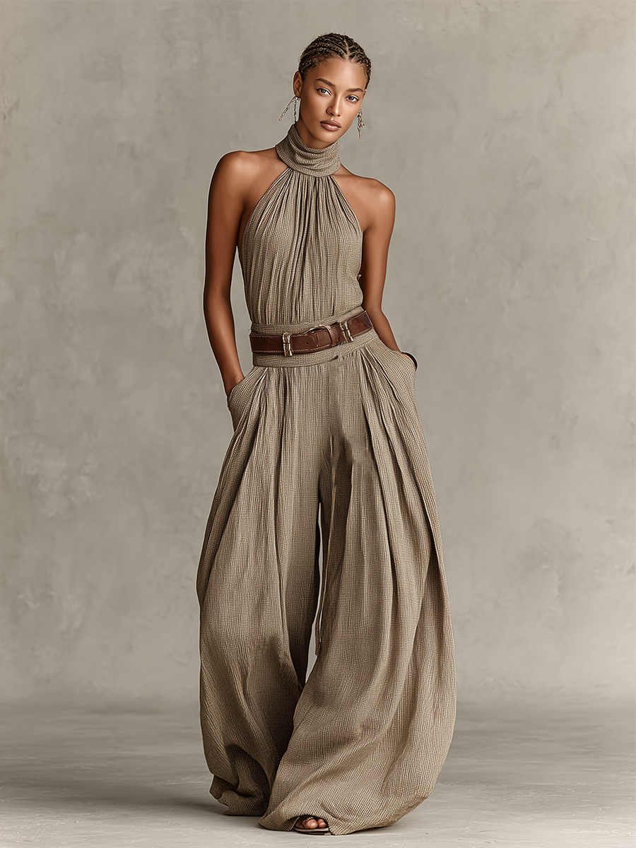 Taupe jumpsuit i bomuldsblanding med halterneck og vide ben til kvinder, tidløs jumpsuit i boheme-elegant stil (uden bælte) MDZ0940C3I