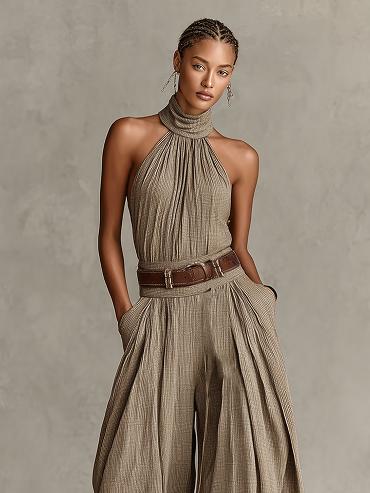 Taupe jumpsuit i bomuldsblanding med halterneck og vide ben til kvinder, tidløs jumpsuit i boheme-elegant stil (uden bælte) MDZ0940C3I