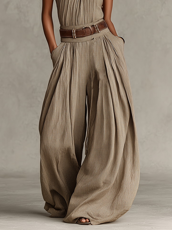 Taupe jumpsuit i bomuldsblanding med halterneck og vide ben til kvinder, tidløs jumpsuit i boheme-elegant stil (uden bælte) MDZ0940C3I