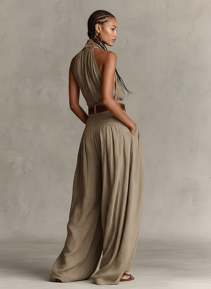 Taupe jumpsuit i bomuldsblanding med halterneck og vide ben til kvinder, tidløs jumpsuit i boheme-elegant stil (uden bælte) MDZ0940C3I